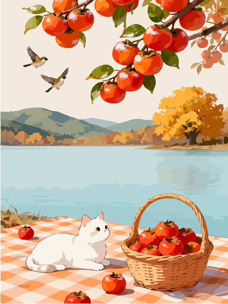 秋季柿子树下田园风插画