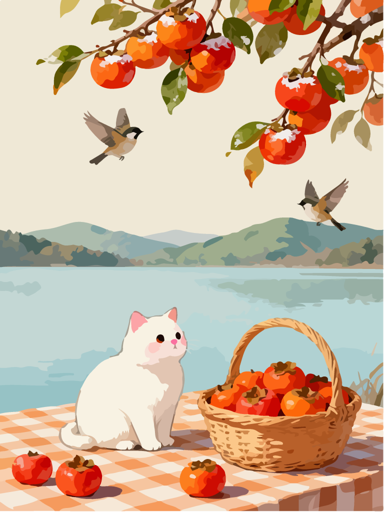 秋季柿子树下田园风插画