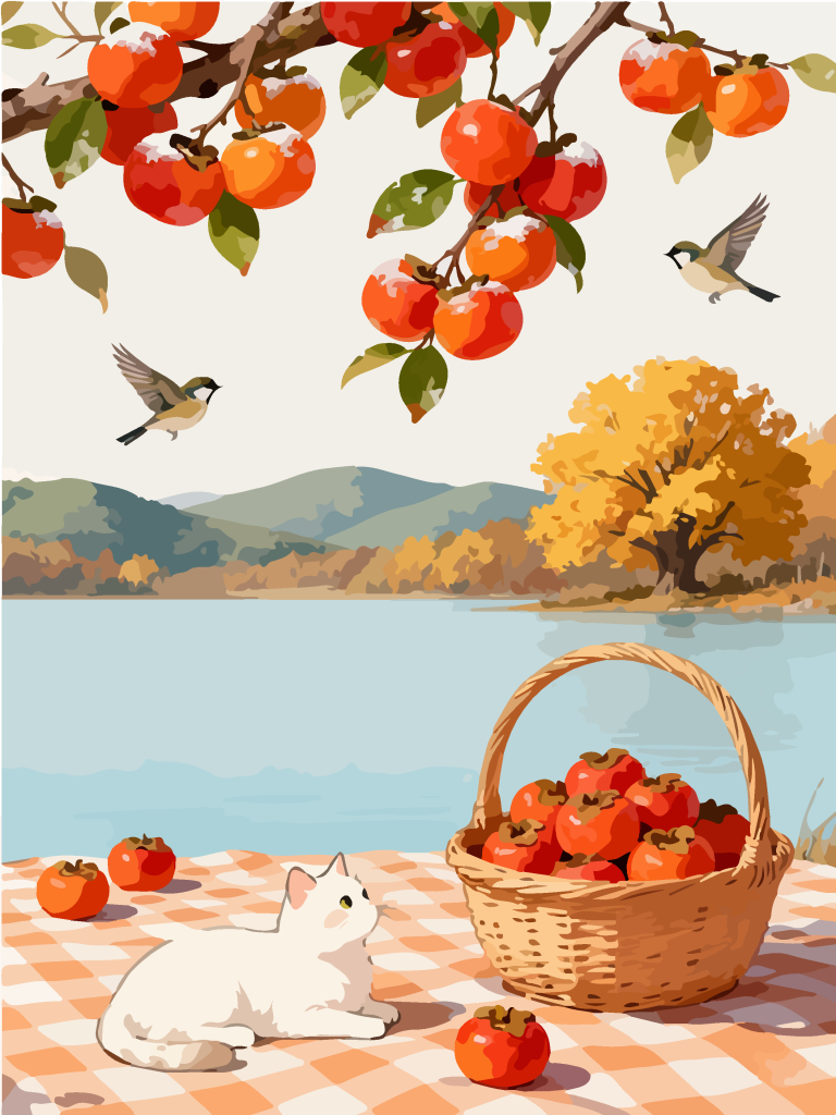 秋季柿子树下田园风插画