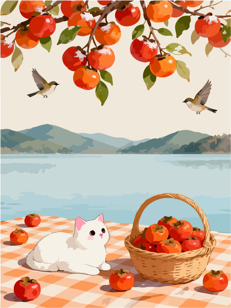 秋季柿子树下田园风插画