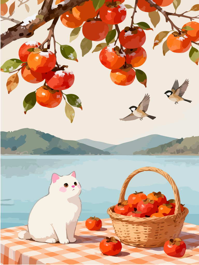 秋季柿子树下田园风插画