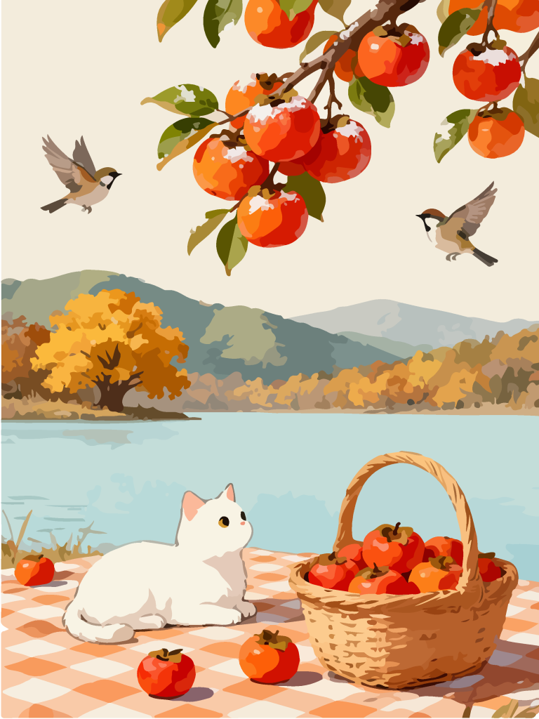 秋季柿子树下田园风插画