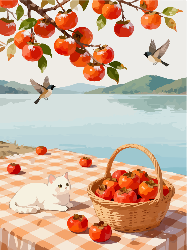秋季柿子树下田园风插画
