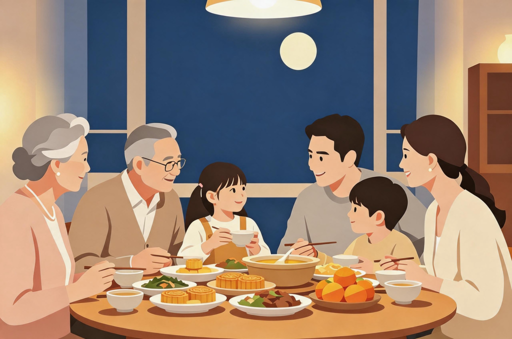 中秋家人聚会扁平化人物插画