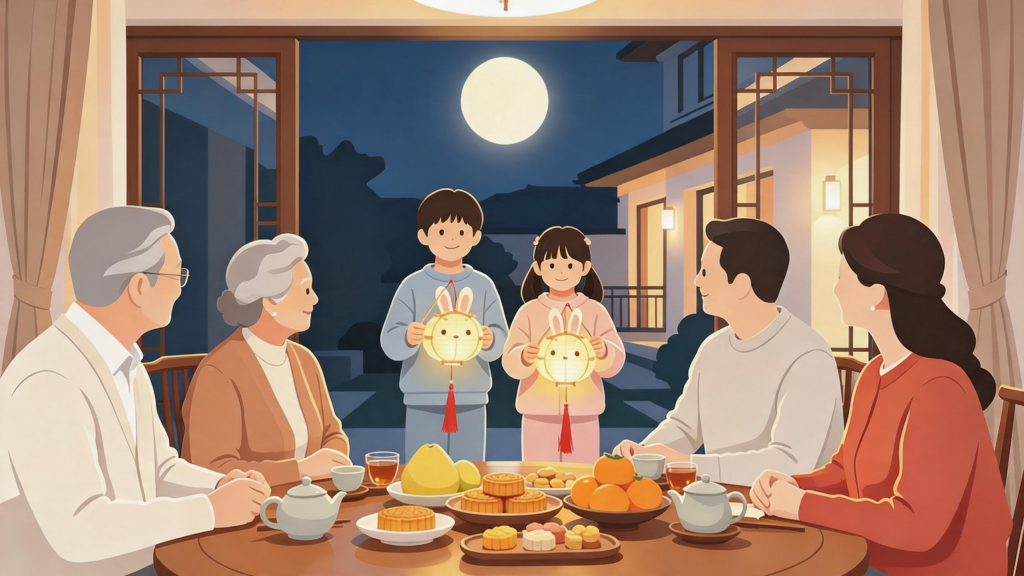 中秋家人聚会扁平化人物插画