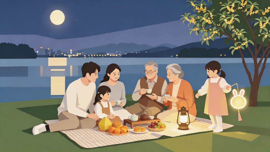 中秋家人聚会扁平化人物插画