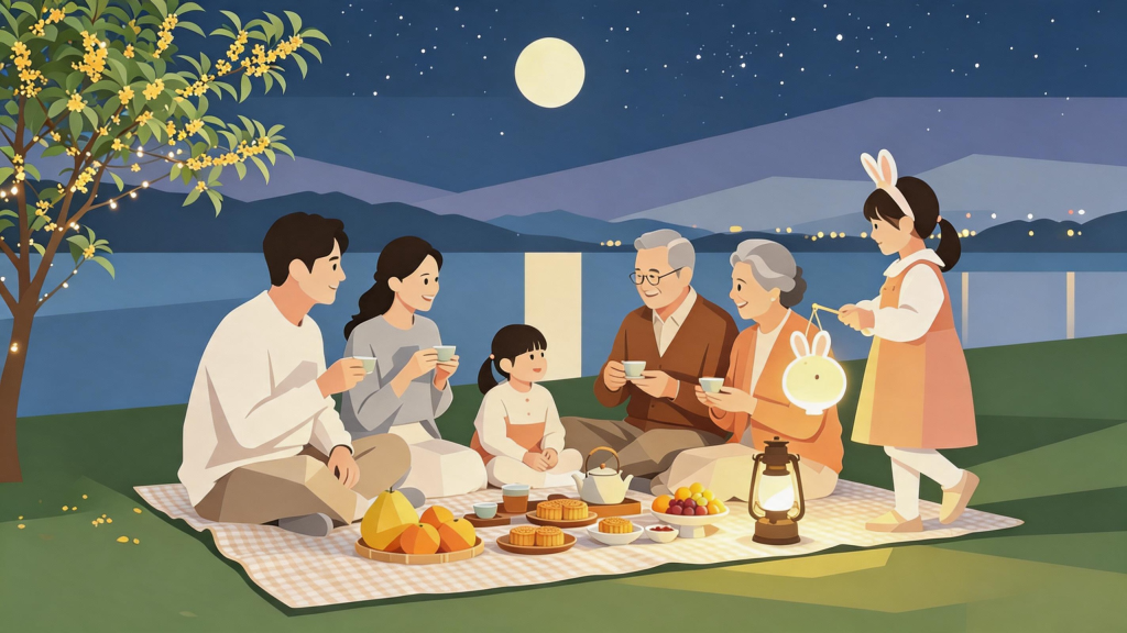 中秋家人聚会扁平化人物插画