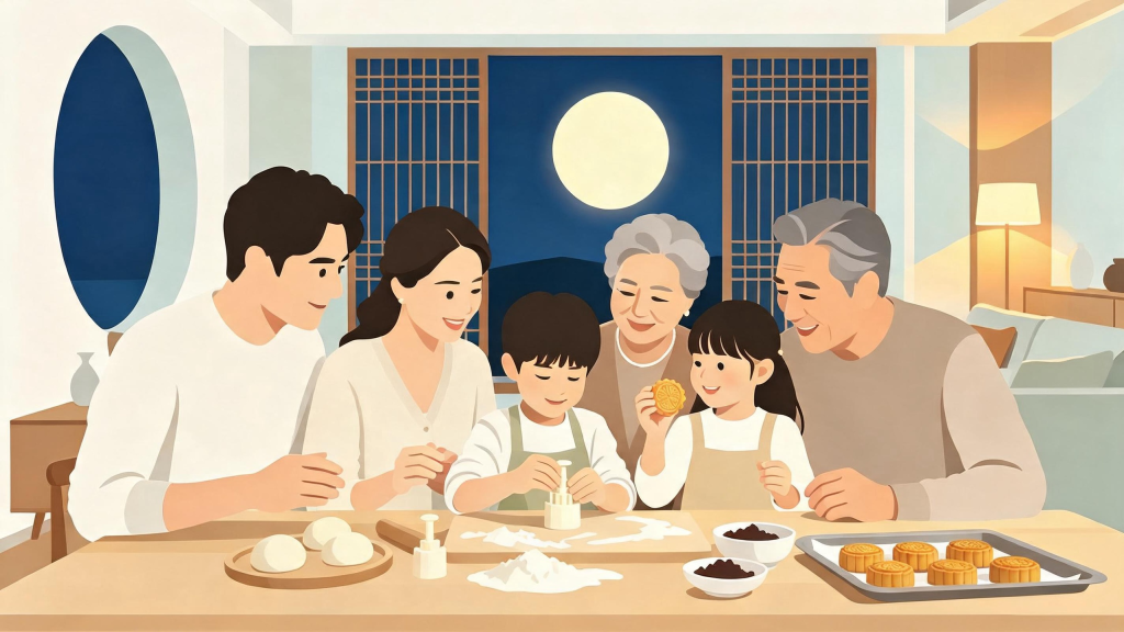 中秋家人制作月饼扁平化人物插画