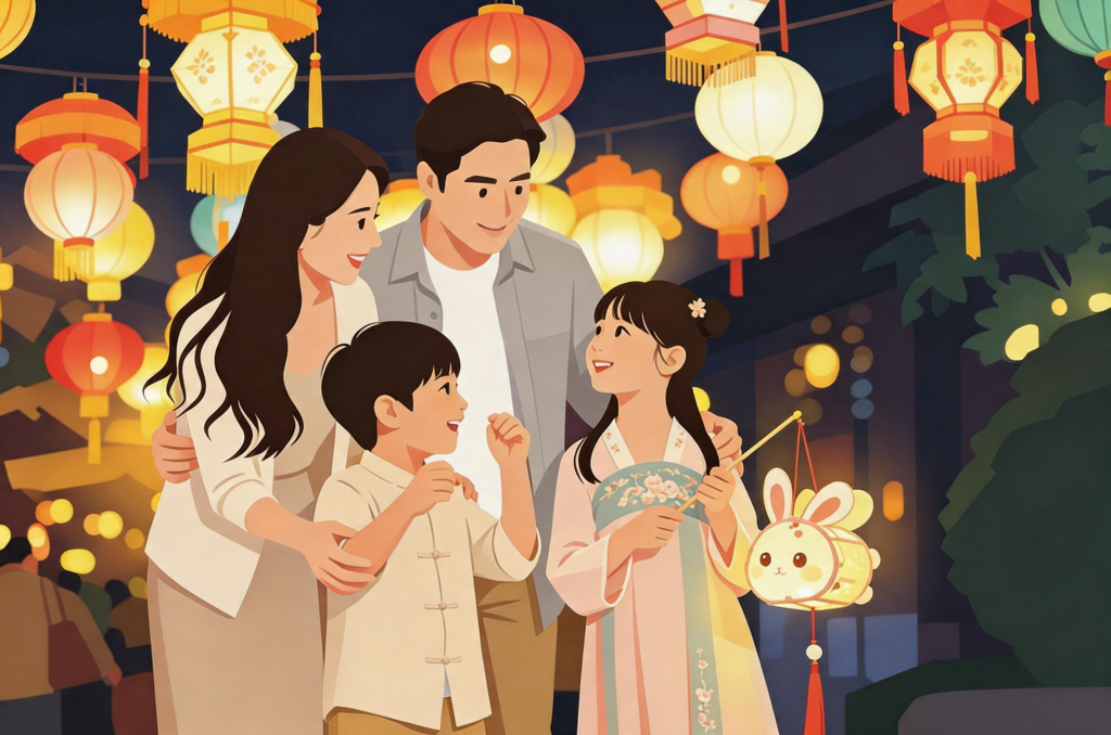 中秋家人逛灯会猜灯谜扁平化人物插画