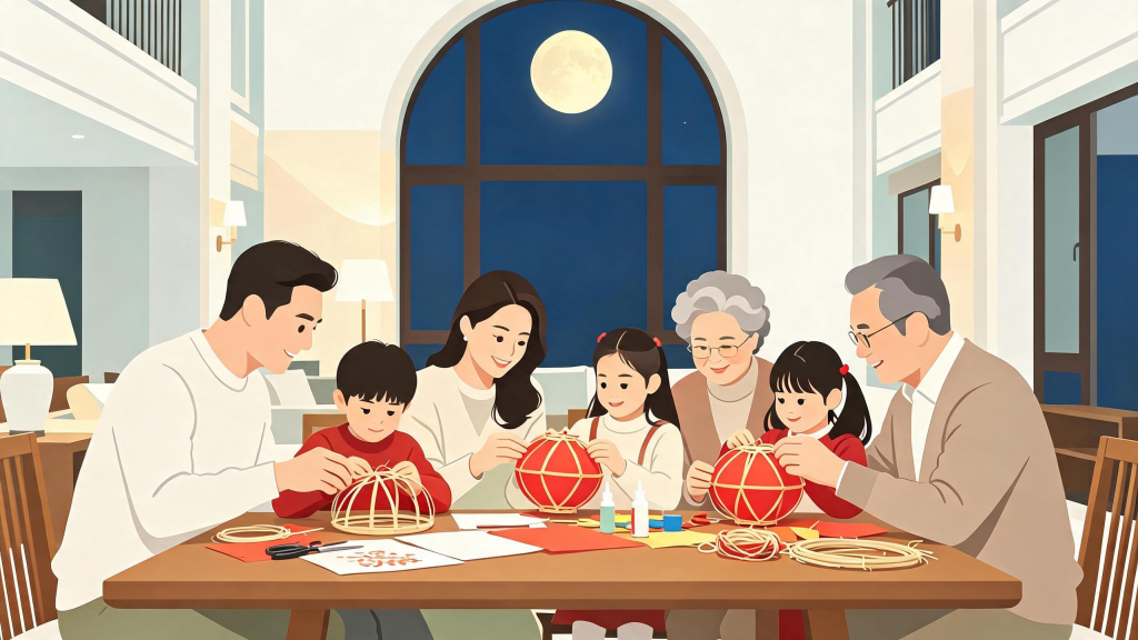 中秋家人赏月扁平化人物插画