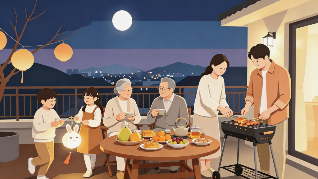 中秋家人赏月扁平化人物插画