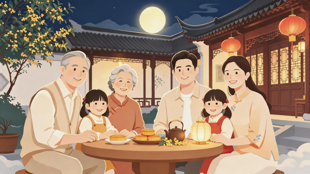 中秋宴中秋家人赏月扁平化人物插画