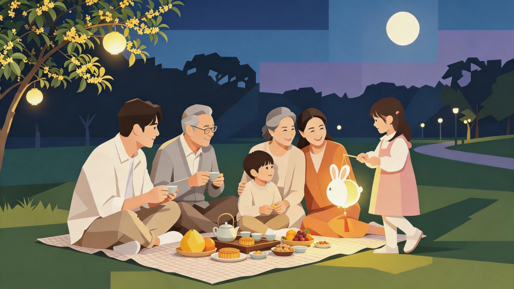 中秋家人赏月扁平化人物插画