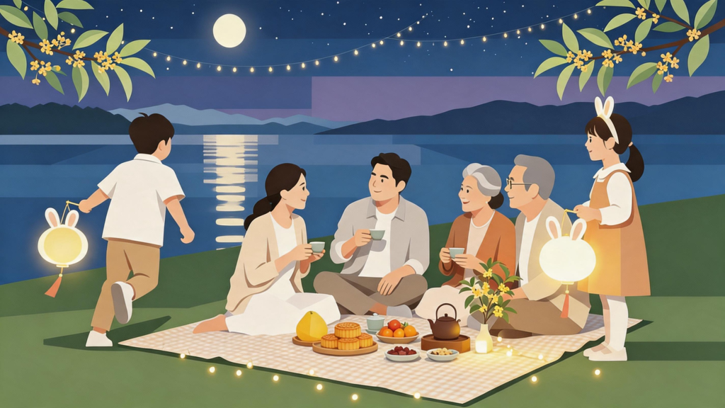 中秋家人赏月扁平化人物插画