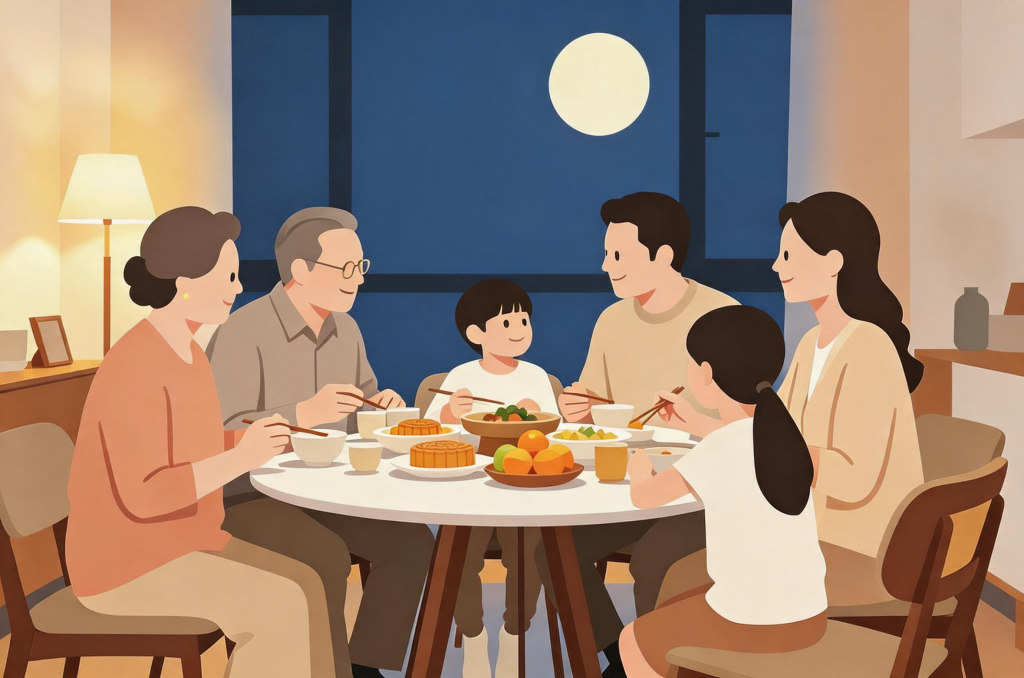 中秋家人赏月扁平化人物插画