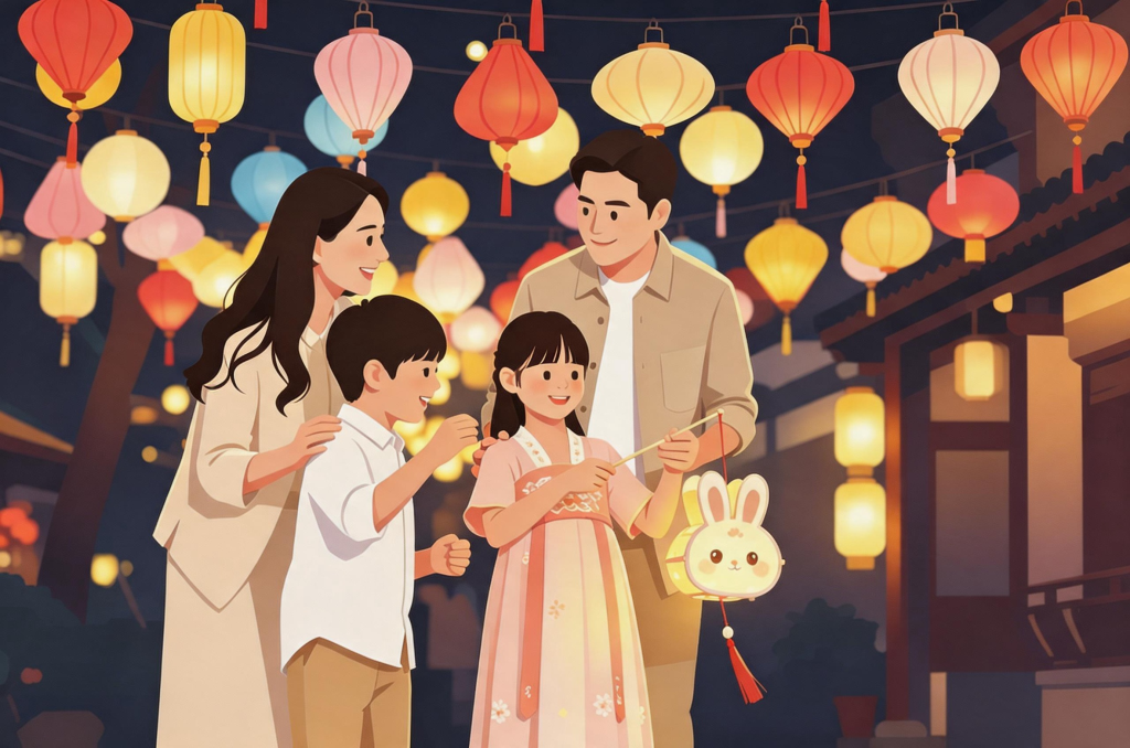 中秋家人逛灯会猜灯谜扁平化人物插画