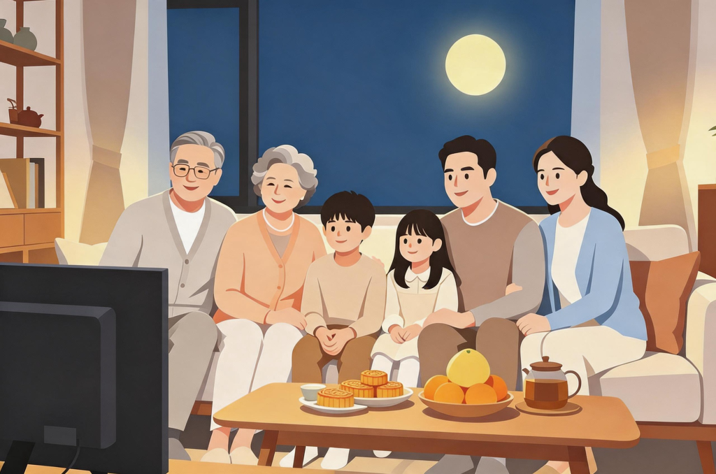 中秋家人赏月扁平化人物插画