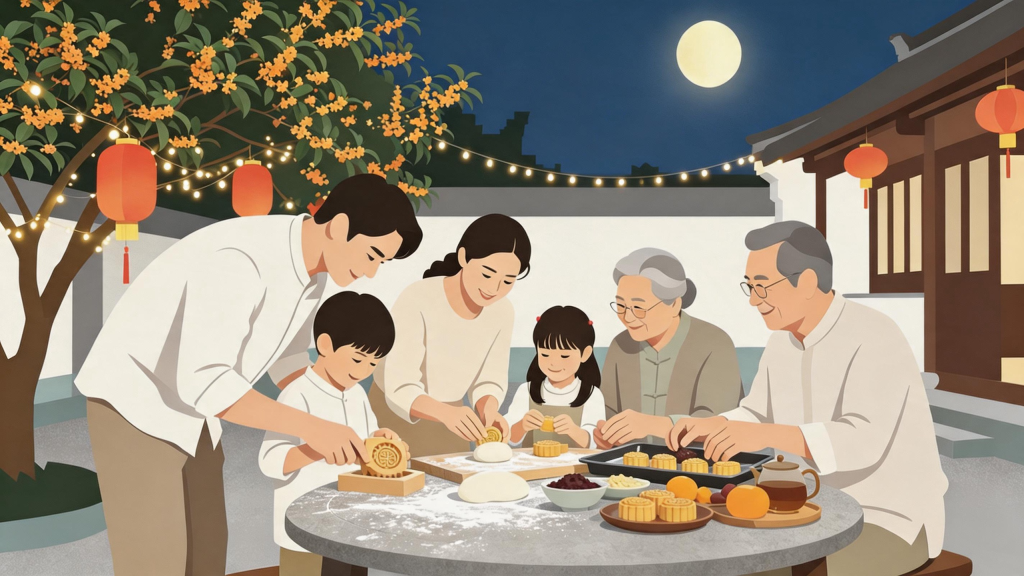 中秋家人制作月饼扁平化人物插画