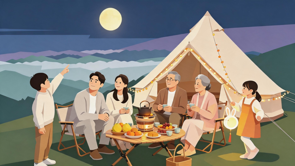 中秋家人赏月扁平化人物插画