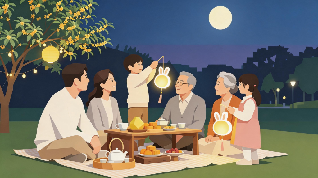 中秋家人赏月扁平化人物插画