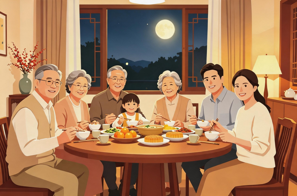 中秋宴中秋家人赏月扁平化人物插画