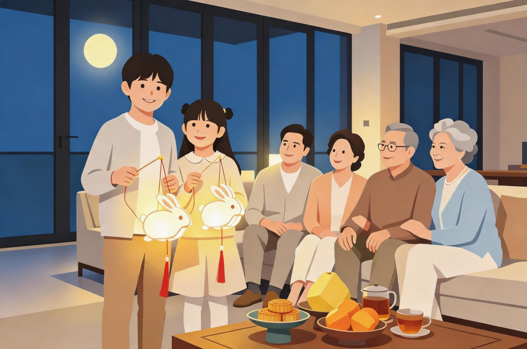 中秋家人团圆扁平化人物插画