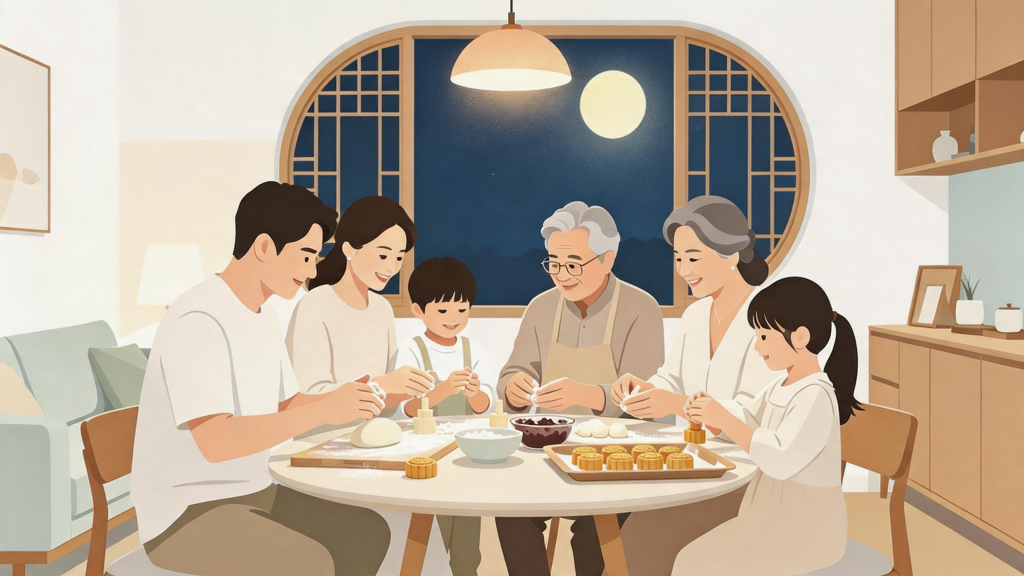 中秋家人制作月饼扁平化人物插画