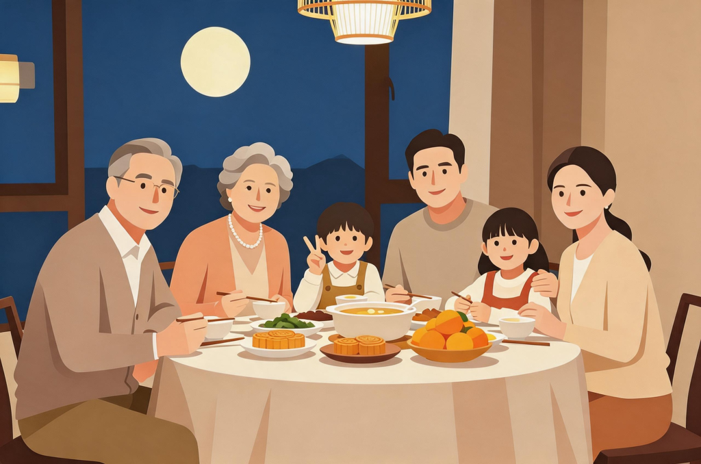 中秋宴中秋家人赏月扁平化人物插画