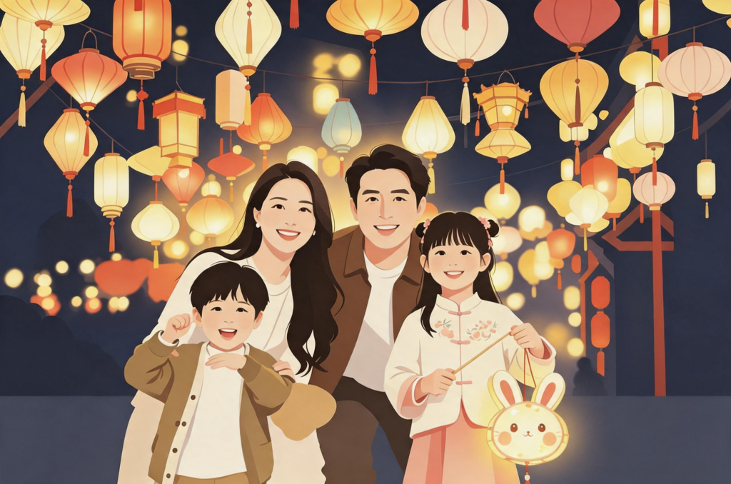 中秋家人逛灯会猜灯谜扁平化人物插画