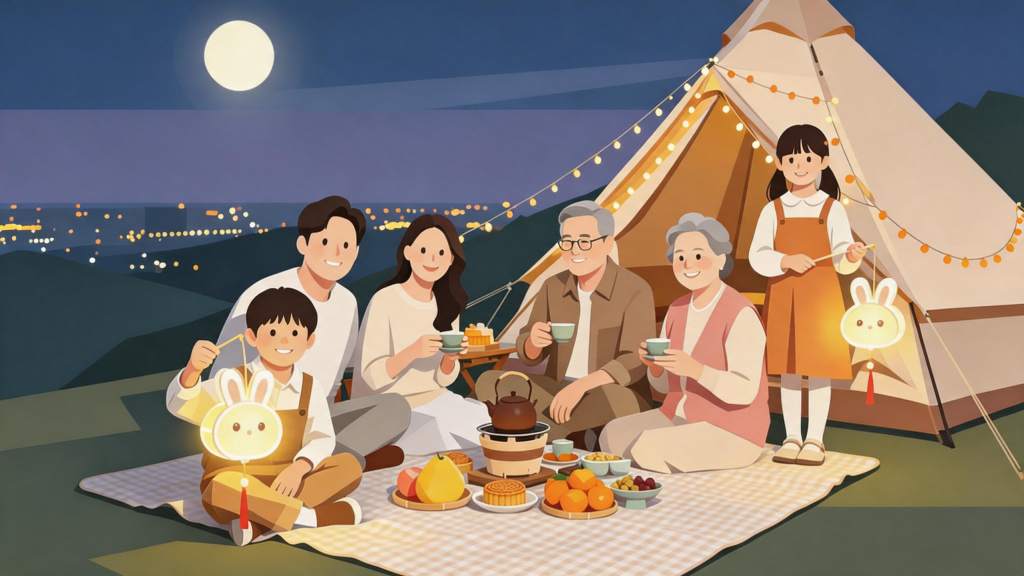 中秋家人团圆郊外露营扁平化人物插画