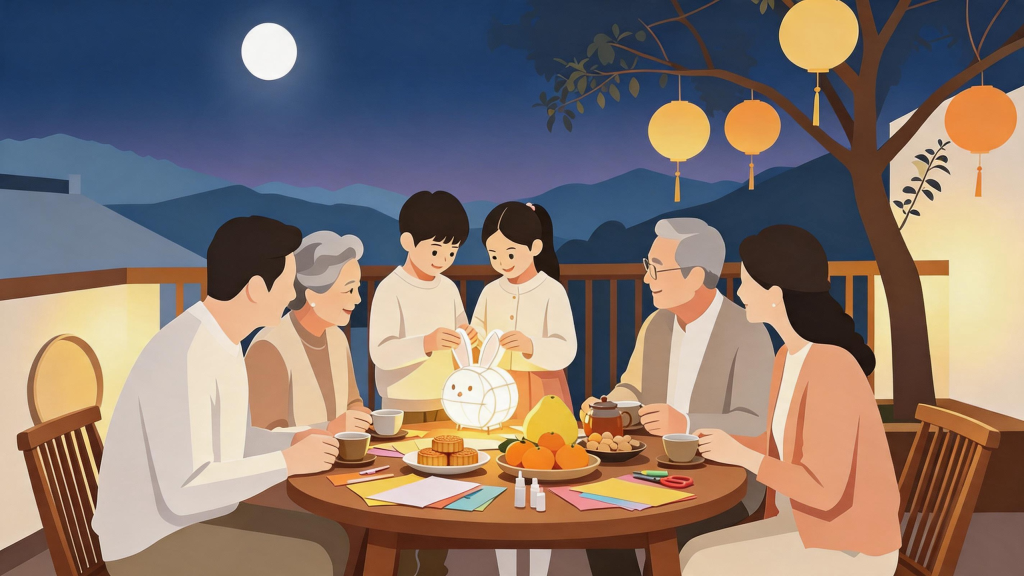 中秋家人团圆制作兔子灯扁平化人物插画