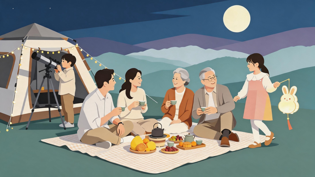中秋家人团圆郊外露营扁平化人物插画