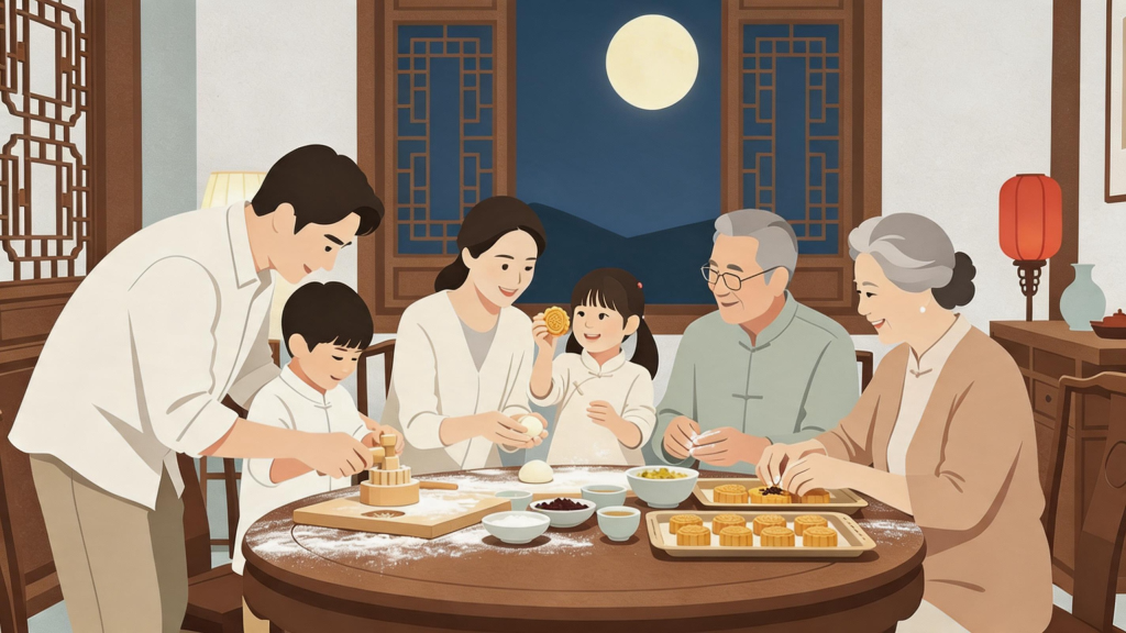 中秋家人制作月饼扁平化人物插画