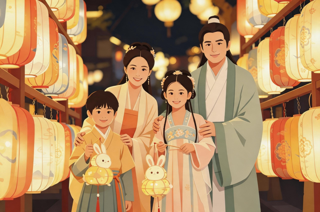 中秋家人逛灯会猜灯谜扁平化人物插画