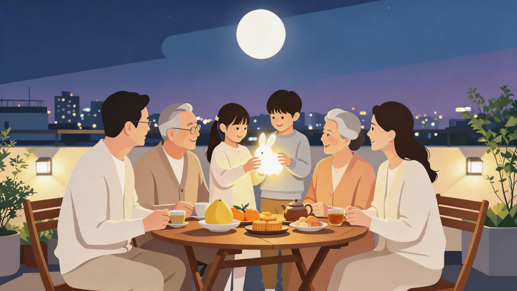 中秋家庭团圆扁平化人物插画