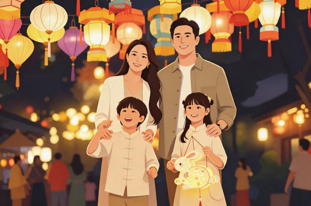 中秋家人逛灯会猜灯谜扁平化人物插画