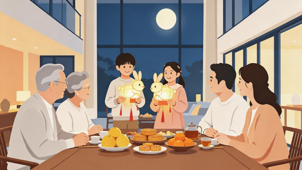 中秋家庭团圆扁平化人物插画