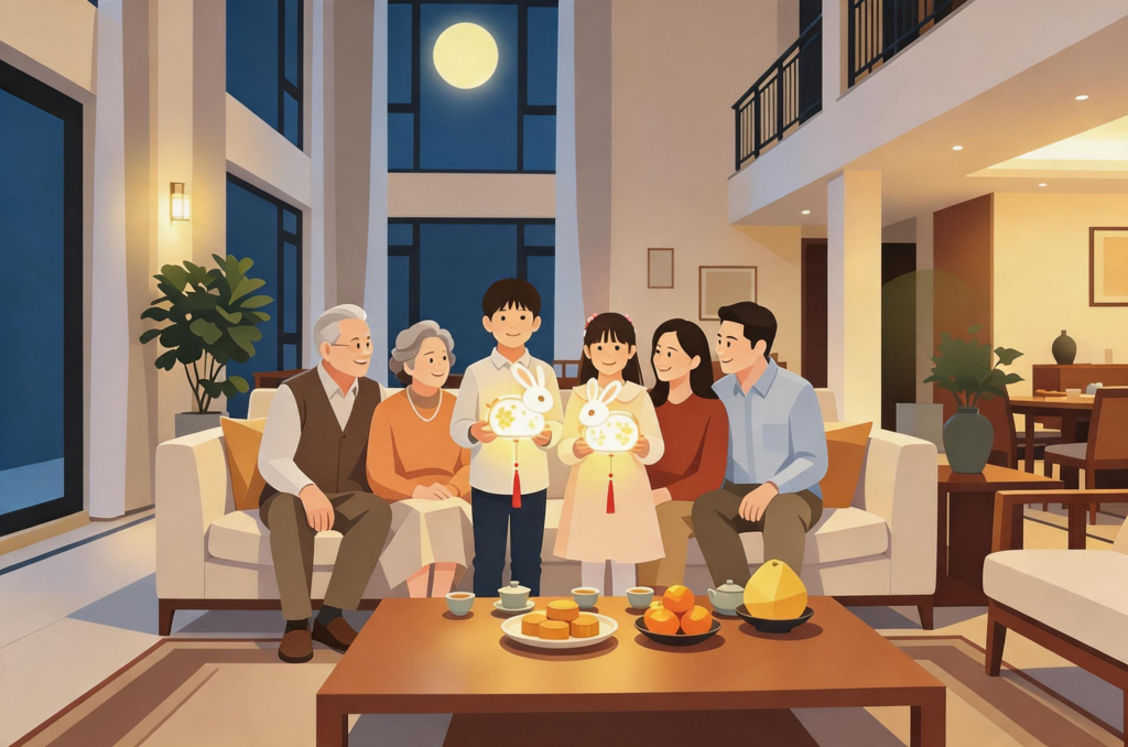 中秋家庭团圆扁平化人物插画