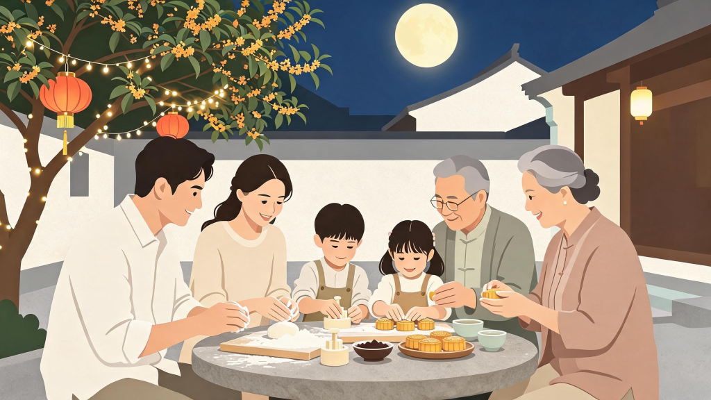 中秋家人赏月制作月饼儿童画人物插画