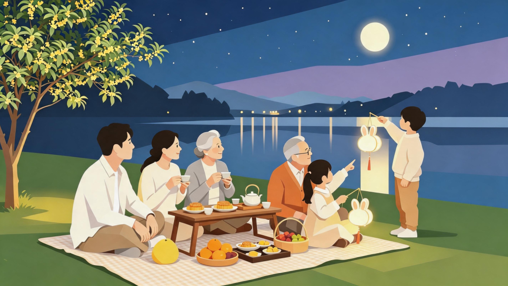 中秋家庭团圆扁平化人物插画