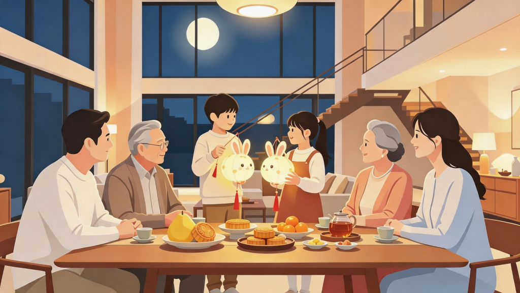 中秋家庭团圆扁平化人物插画