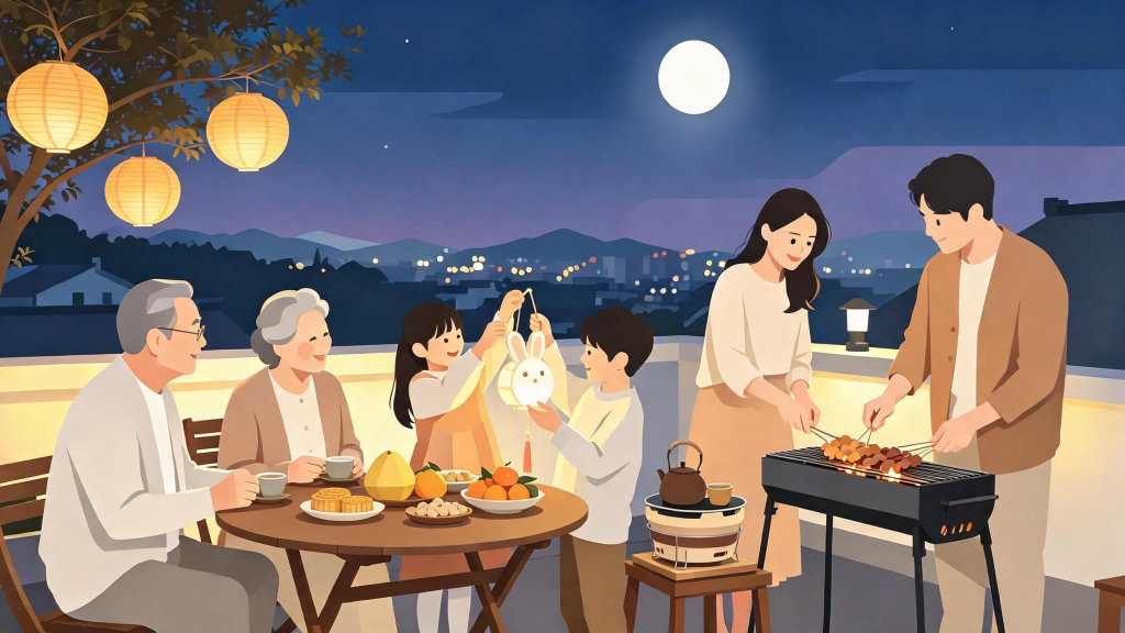 中秋家庭团圆扁平化人物插画