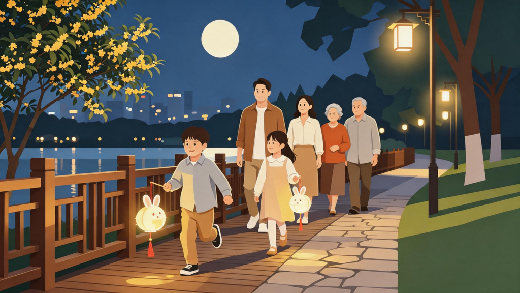 中秋家庭团圆扁平化人物插画