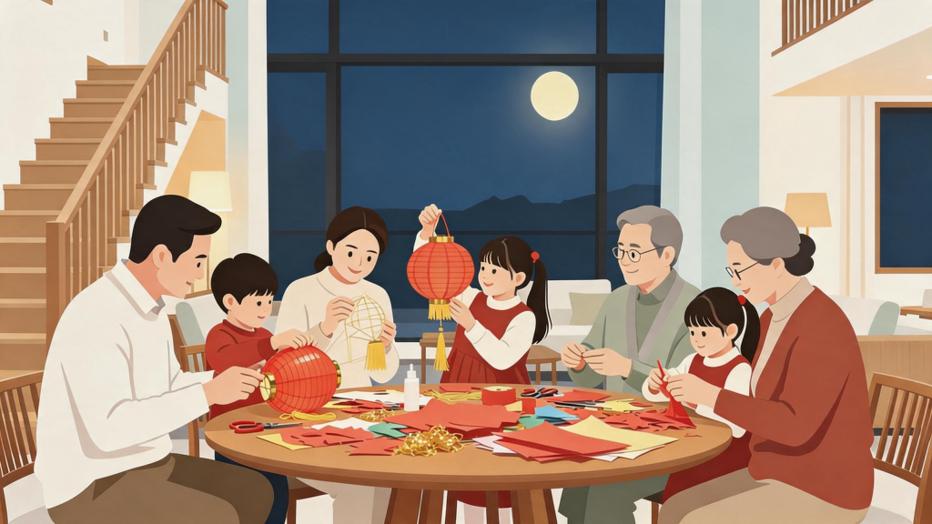 中秋家庭团圆扁平化人物插画