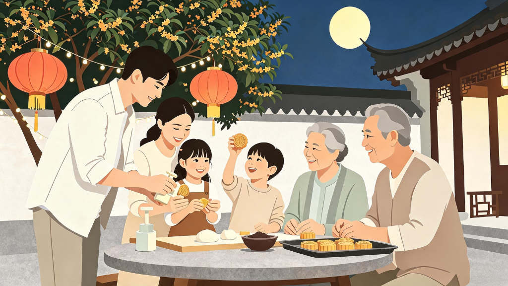 中秋家人赏月制作月饼儿童画人物插画