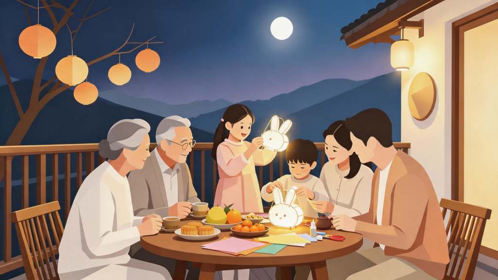 中秋家庭聚会扁平化人物插画