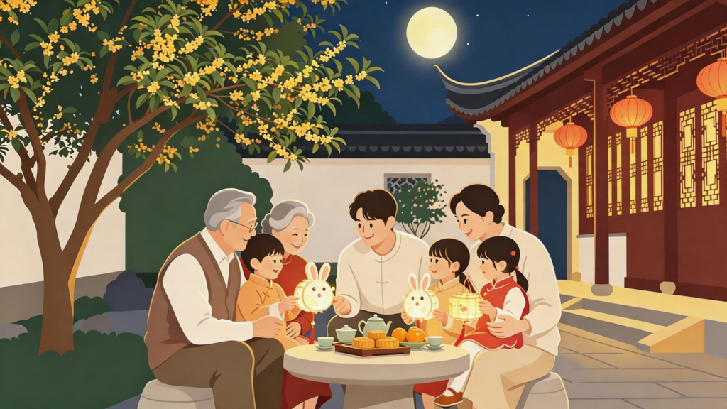 中秋家庭聚会扁平化人物插画