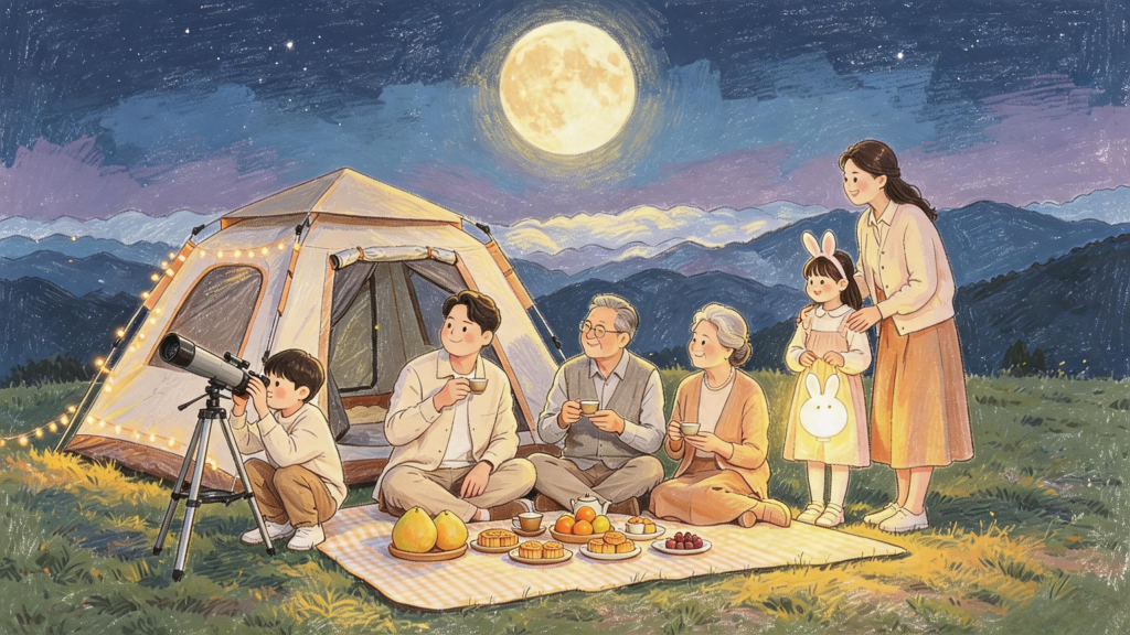 中秋家庭聚会儿童画人物插画