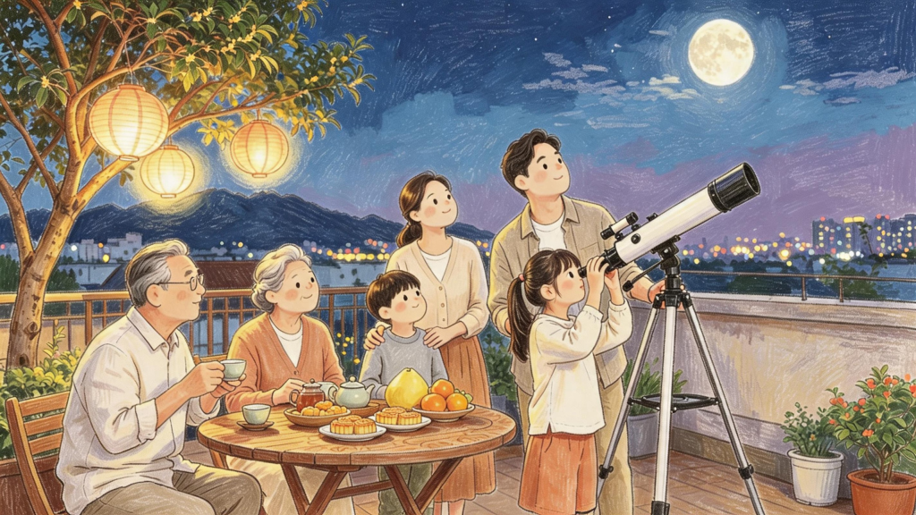 中秋家庭聚会儿童画人物插画
