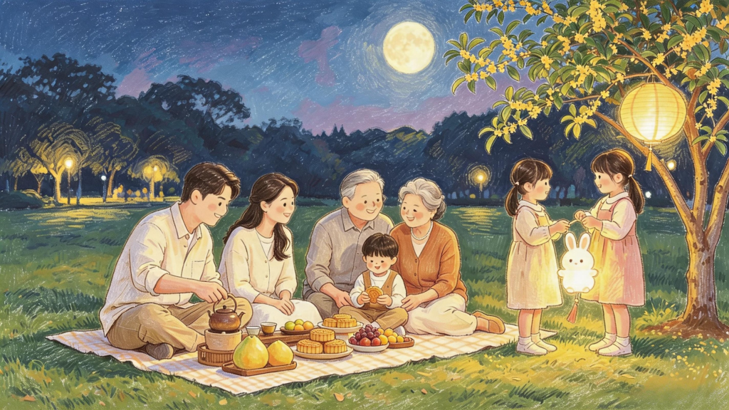 中秋家庭聚会儿童画人物插画